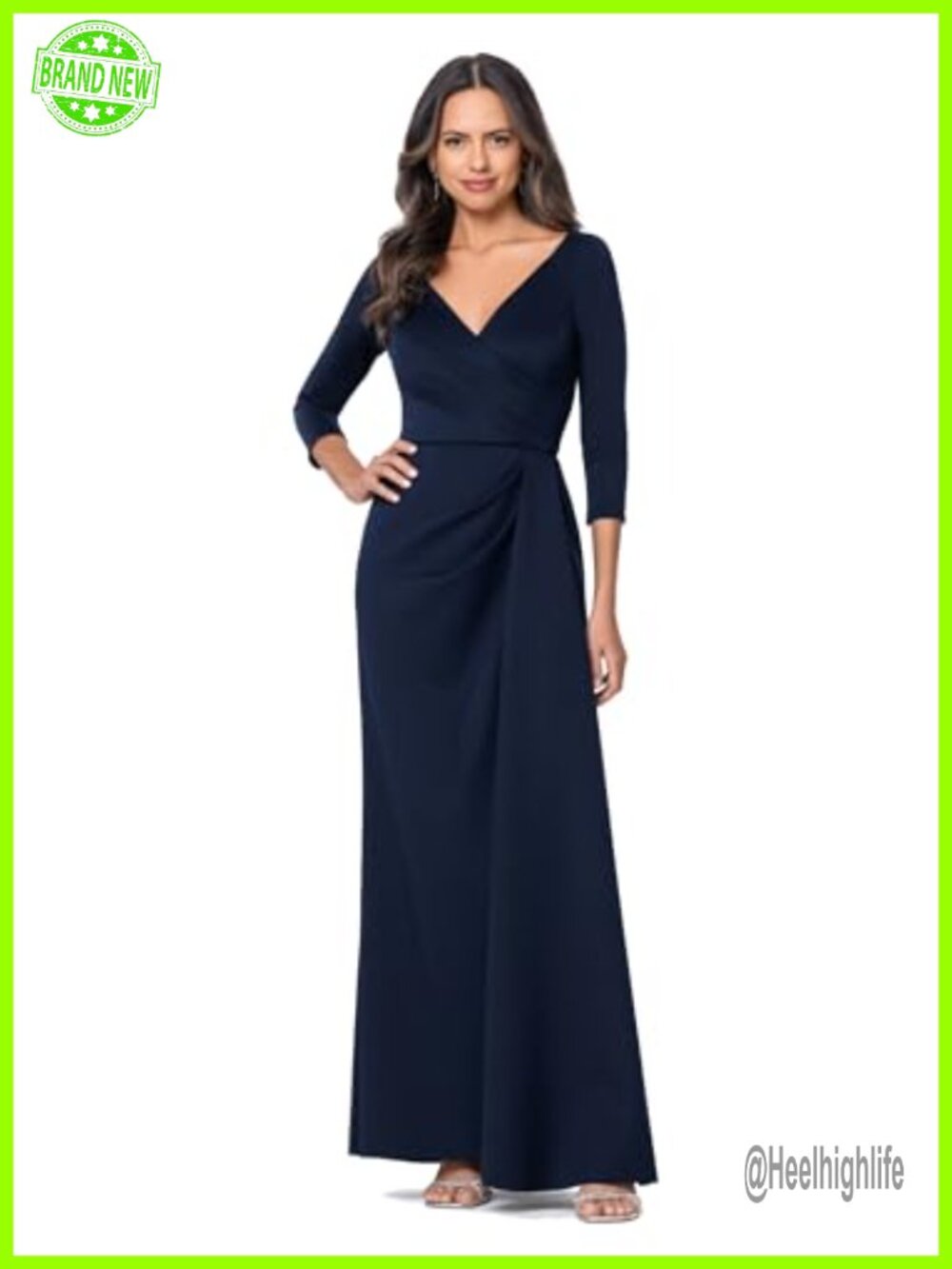 Long Sleeve V-Neck Wrap Evening Dress Formal Gown Stretch Jersey